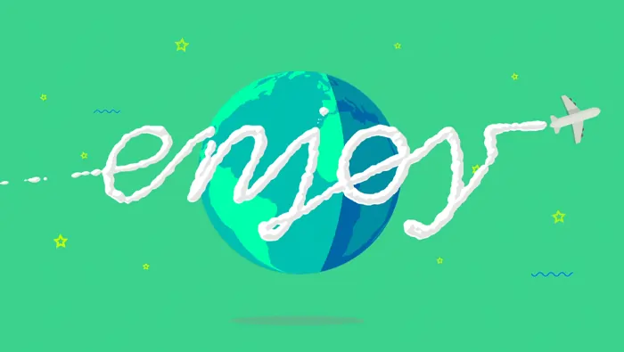 Representación gráfica del mundo en movimiento con la palabra "enjoy" en tonos verdes y azules.